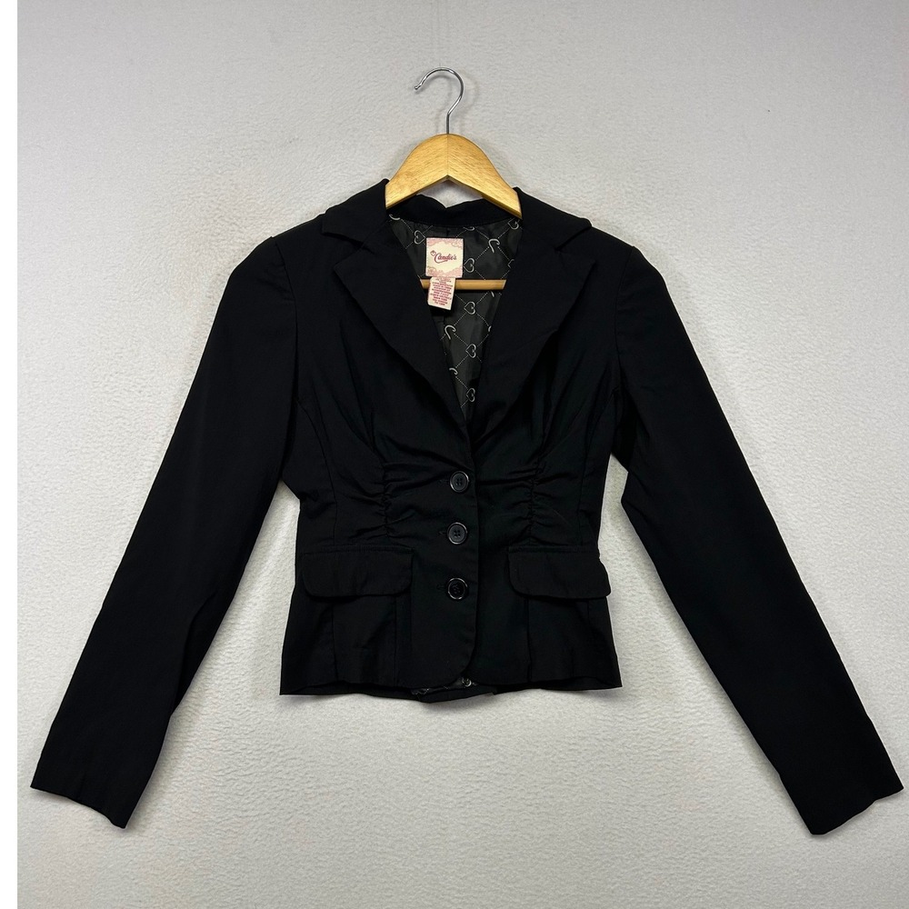 Office Siren Candies Womens Size S Black Ruched Cinched 3-Button Blazer Jacket